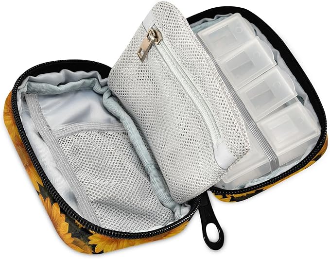 Sunflower Zipper Travel Medicine Bag Flower Vintage Large Capacity Pill Storage Bag Unisex Printed Pill Organizer for Medicine Vitamin, Travel Pill Box Pouch with Customized Name