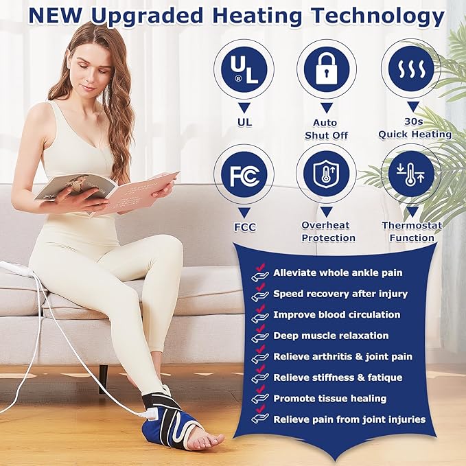 CAMECO 1 Pack Ankle Heating Pad for Pain Relief Arthritis, Heated Foot Ankle Wrap for Sprains, Achilles Tendonitis, Plantar Fasciitis | 86℉-158℉ Temp | 0-90Min Auto Shut Off (Blue)