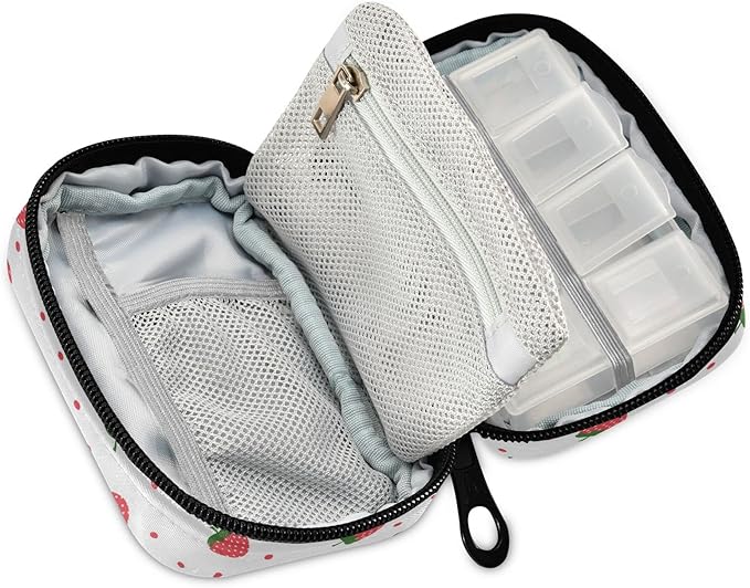Strawberry Fruit Pill Box 7 Day Pill Case Travel Pill Organizer Bag with Zipper Portable Weekly Vitamin Medicine Supplement Holder Pouch Bag