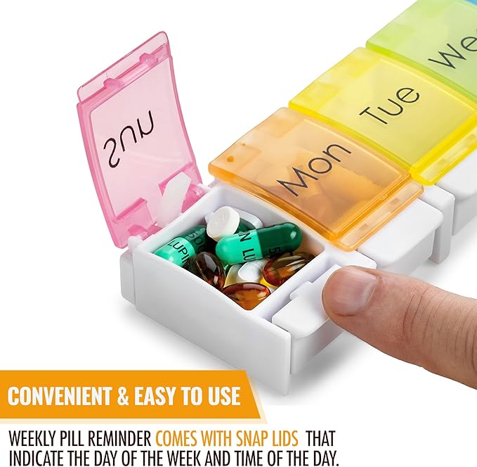 7 Day Pill Organizer - with Push Button Assisted Open a Daily Travel Pill Box Case Planner and Large Compartments for Medication Vitamins Fish Oil & Supplements, BPA Free