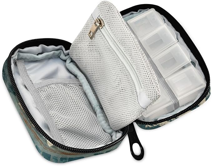 Brown Bear Winter Green Travel Pill Organizer Case Box Container Weekly Portable Vitamin Medicine Holder Storage Bag with Zipper Removable