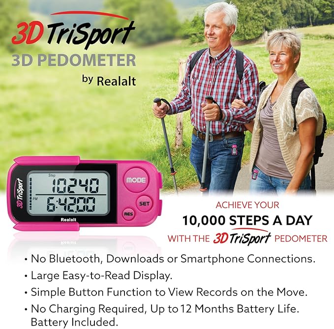 Realalt 3DTriSport 3D Walking Pedometer with Clip & Strap, Accurate Step Counter with 30-Day Memory, Distance in Miles/KM with Large Display Perfect for Seniors & Beginners, eBook Included