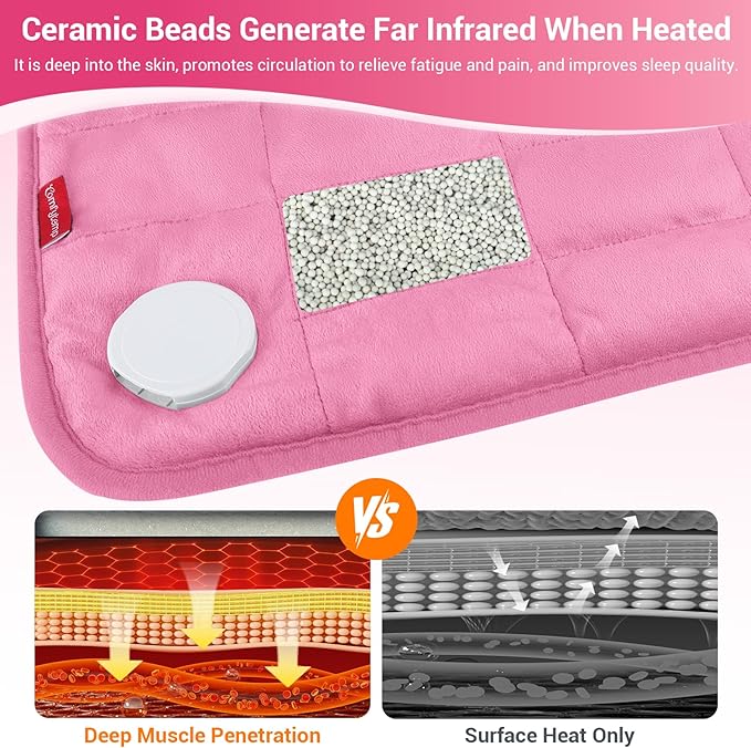 Comfytemp Far Infrared Large Heating Pad 17"×33" for Deeper Back & Period Relaxation, Weighted Electric Heat Pad with Evenly Filling Ceramic Bead for Better Fit, Mothers Day Gifts, XL Heated Pad, Pink