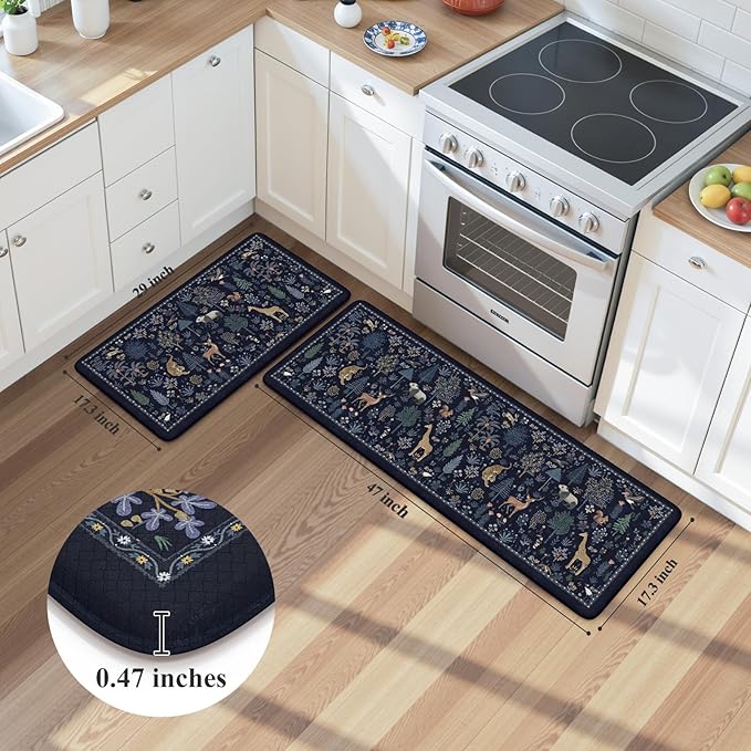KIMODE Anti Fatigue Mats for Kitchen Floor,Farmhouse Animal Forest Kitchen Rugs Sets of 2 Non Slip,Comfort Cushioned Padded Kitchen Floor Mats for Laundry Sink Office,Dark Blue