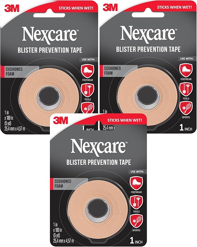 Nexcare Blister Prevention Tape, Waterproof Foam Medical Tape, Latex-Free, Sticks Firmly to Skin to Help Prevent Blisters - 1 in x 5 yds, 3 Rolls of Tape