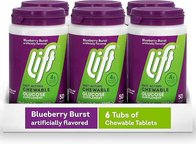 Lift Glucose | Fast-Acting Glucose Chewable Energy Tablets | Blueberry | 50 ct Jar (Pack of 6)