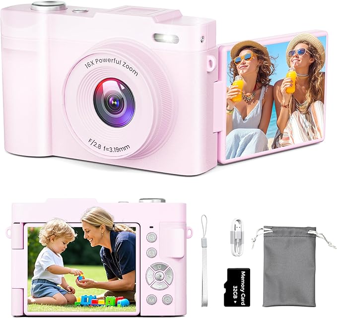 4K Digital Camera for Photography Auto-Focus, Compact 50MP Camera with 180° Flip Screen, 16X Digital Zoom, Camara Fotografica with 32GB Card – Great for Vlogging and Learning Photography