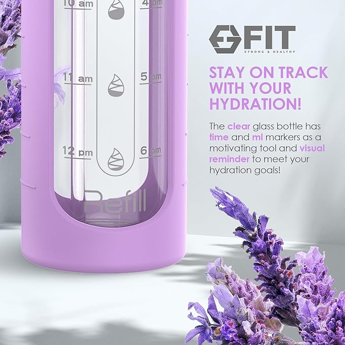 FIT Strong & Healthy 32 oz Glass Water Bottle with Straw Lid - Wide Mouth Borosilicate Glass Water Bottles with Time Marker, Silicone Sleeve & Extra Lid - 1L Large Motivational Drinking Bottle