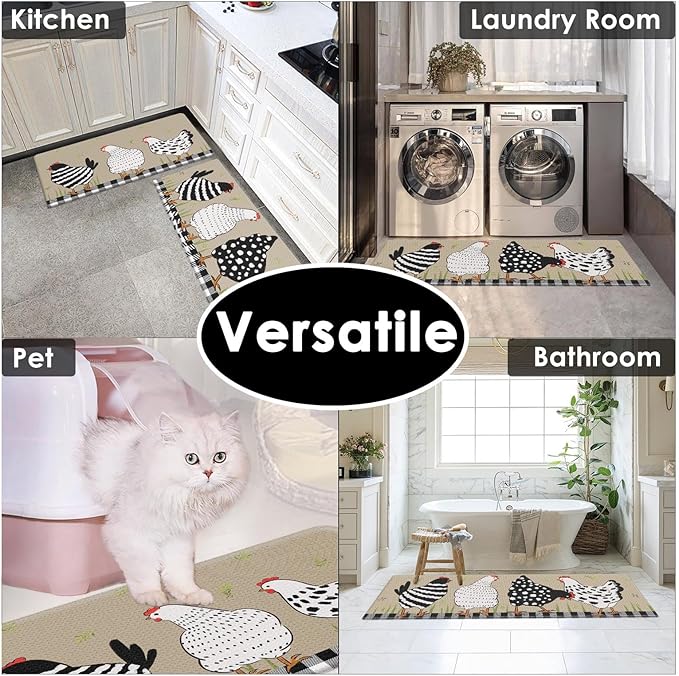 Anti-Fatigue Rooster Kitchen Rug Set of 2 Cushioned Chicken Rug for Floor, Farmhouse Standing Mat Waterproof Non-Slip Mat PVC Ergonomic Comfort Foam Kitchen Decor