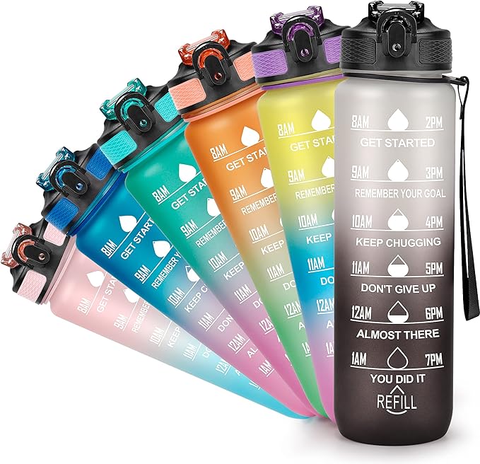 Motivational Water Bottle with Time Marker - 32oz, Leak-proof BPA Free Sports Water Bottles with Straw & Carrying Strap