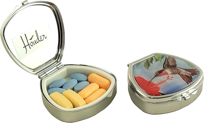 Designer Pill Box by Houder - Decorative Pill Case with Gift Box - Carry Your Meds in Style (Hummingbird)
