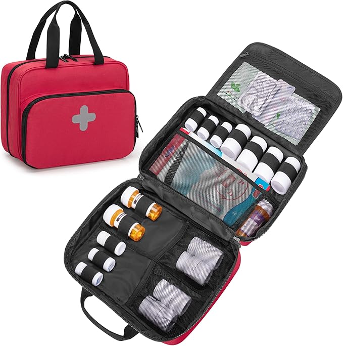 CURMIO Pill Bottle Organizer Portable Medicine Bag, Lockable Prescription Bottle Storage for Pill Bottles, Vitamins, Medical Supplements for Home Storage and Travel, Red (Empty Medicine Bag)