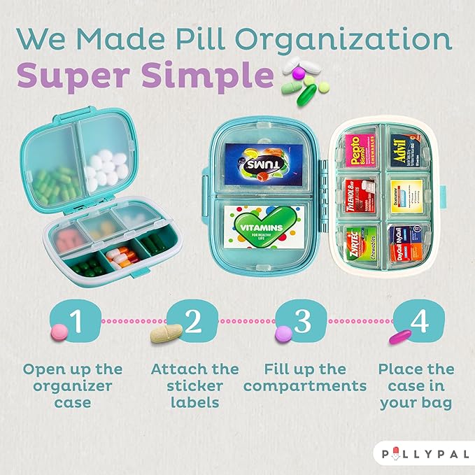 V2 Portable Travel Pill Organizer Holder with Stickers - 8 Slot Durable Compact Case to Organize Meds, Pills, Medicine, Prescriptions, Health Vitamins, Jewelry, Travel Essentials - Gray