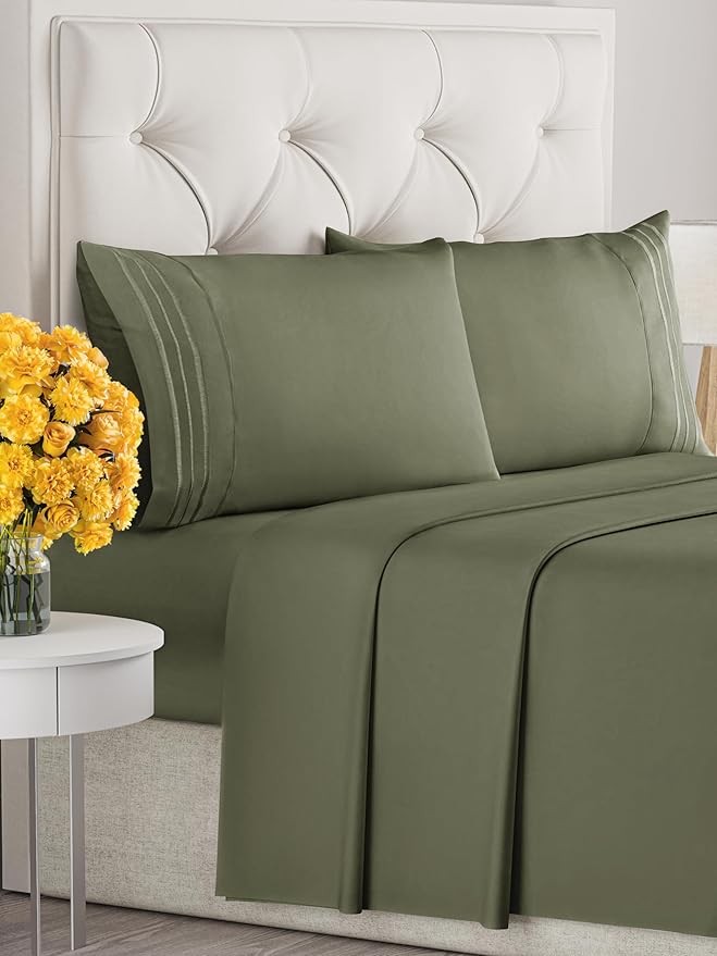 Cal King Size 4-Piece Sheet Set - Extra Soft, Breathable & Cooling - Hotel Luxury Durable Bed Sheets - Deep Pockets, Easy-Fit & Wrinkle-Free - Deep Olive Oeko-Tex