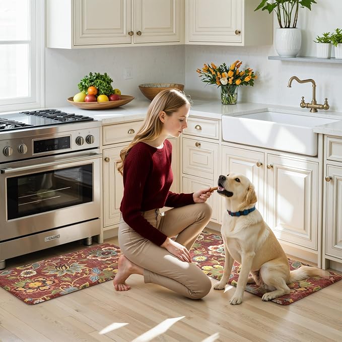 LEEVAN Anti Fatigue Mats for Kitchen Floor 2 Piece,Cushioned Memory Foam Red Kitchen Mats for Floor,Comfort Floral Boho Non Slip Kitchen Floor Mat for Sink,Laundry,Office(17''x29''+17''x47'')