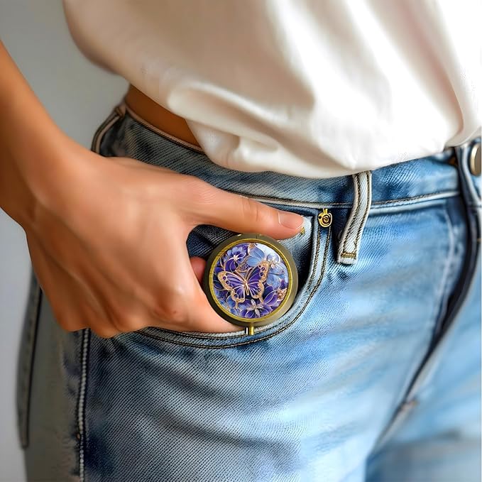 Small Pill Case Pill Box with Mirror Retro 3 Compartment Pill Holder for Purse or Pocket Bronze Portable Medicine Vitamin Container Fish Oil and Supplement Storage BPA-Free(Purple Butterfly)