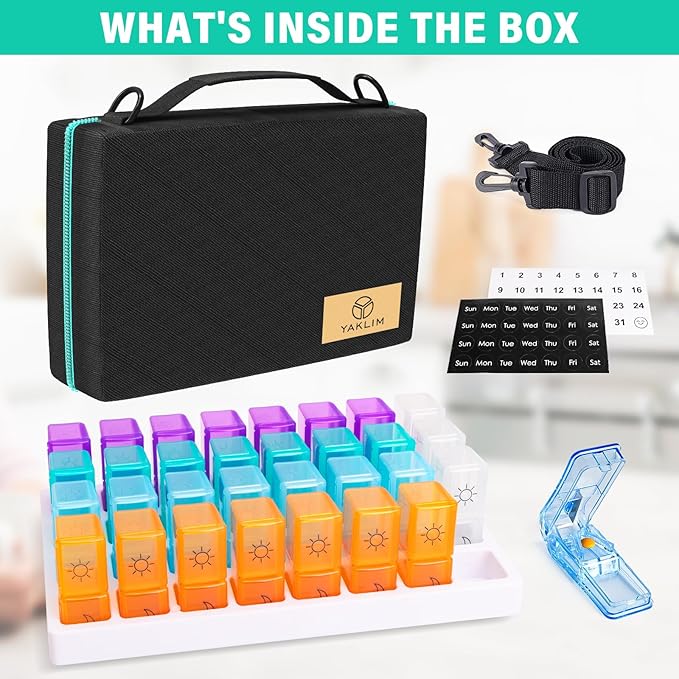 Monthly Pill Organizer 2 Times a Day, 2-in-1 for Home & Travel, 31 Day Pill Box AM PM with Cutter & Travel Bag, Portable Soft One Month Pill Box with Weekly Stickers for Medication & Vitamins