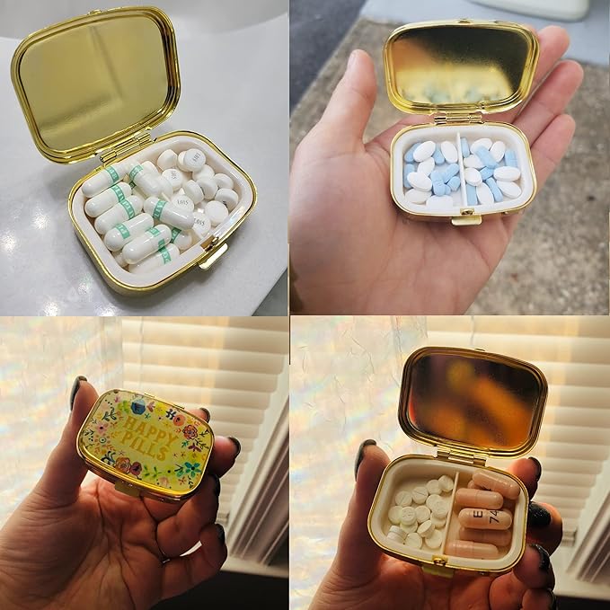 2 Packs of Cute Pill Cases Travel Friendly Portable Compact Metal Pill Organizer Pill Box to Hold Vitamins/Tylenol/Fish Oil/Supplements/Meds/Tablet for Purse/Pocket(Happy Pills)