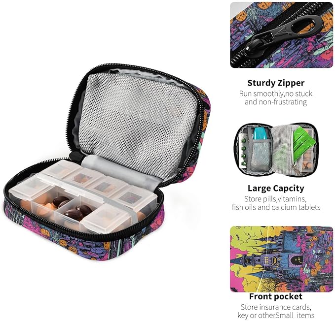 Halloween Castle Bats Pumpkins Pink Travel Pill Organizer Case Box Container Weekly Portable Vitamin Medicine Holder Storage Bag with Zipper Removable
