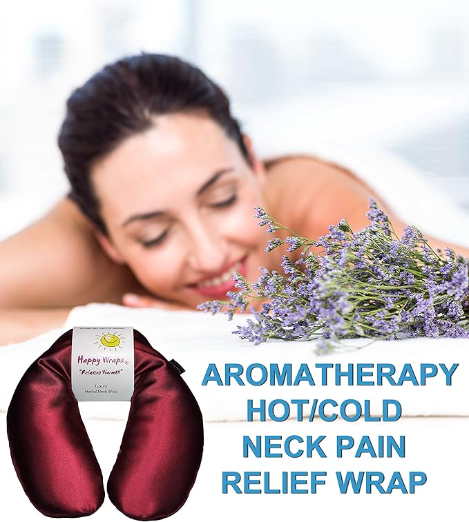 Microwavable Herbal Neck Wrap - Hot Cold Aromatherapy Neck Warming Pillow - Heating Pad for Migraines, Stress, Gifts for Women, Birthdays, Christmas and Free Sleep Mask - Ruby Satin