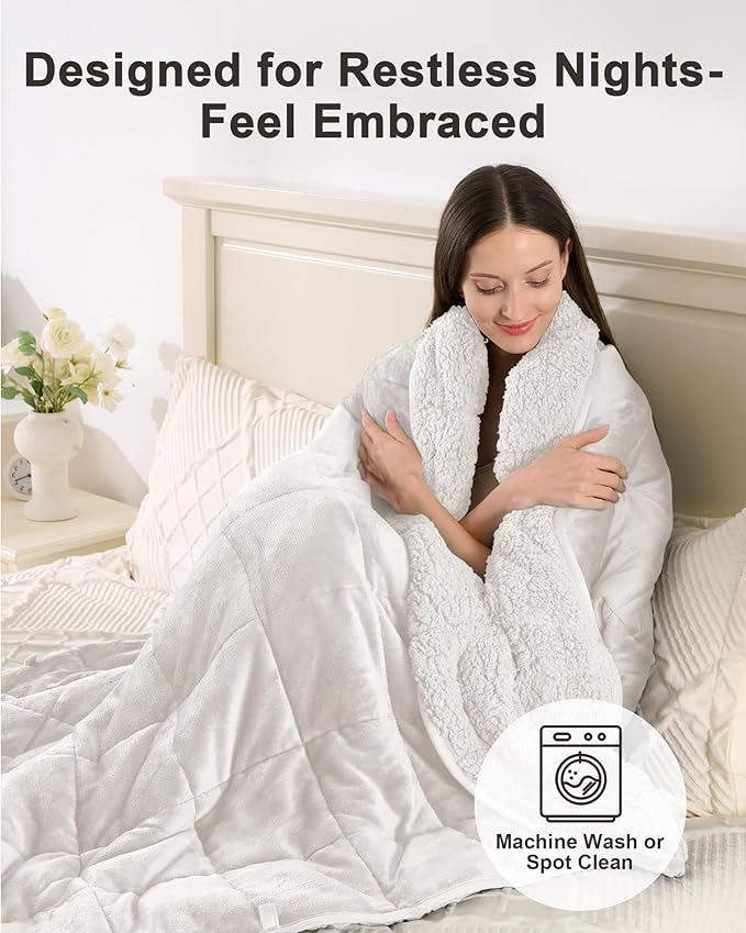 Ultra-Soft Weighted Blanket 15 lbs for Adults, Plush Sherpa Fleece Reversible Weighted Throw Comfort for Relaxation & Cozy Evenings, Hug-Like Security, Evenly Distributed, W60 x L80, Cream White