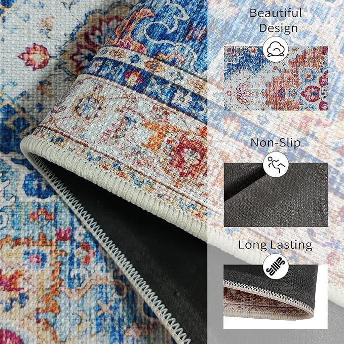 Boho Kitchen Mat Set of 2, Non Slip Blue Kitchen Rug for Floor,Vintage Farmhouse Outdoor Doormats Linen Runner Rug Washable Standing Mats for Entryway,Laundry,Office,Hallway 17”x30“+17'' x47''
