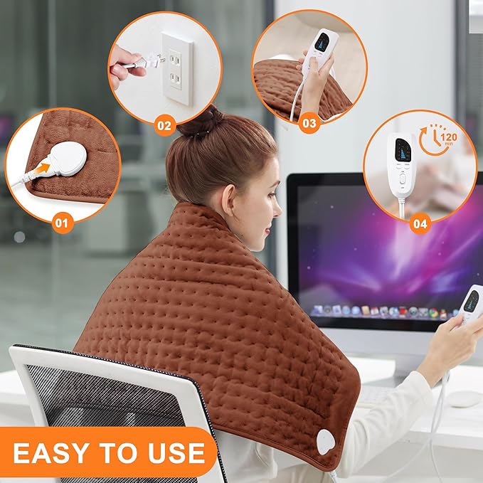 Deepsoon Heating Pad,Electric Heating Pads for Back,Neck,Abdomen,Moist Heating Pad for Shoulder,Knee,Arms,Legs,Dry/Moist Heat & Auto Shut Off,Christmas Gifts for Men and Women,Brown,33x17 Inch