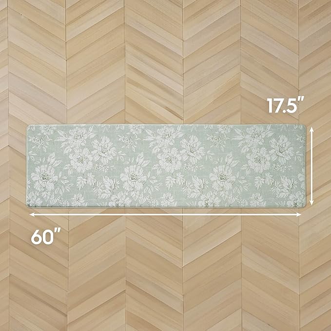 Laura Ashley - Anti-Fatigue Kitchen Mat, Iris Floral Design, Stain, Water & Fade Resistant, Cooking & Standing Relief, Non-Slip Backing, Measures 17.5" x 60", Sage Green Iris