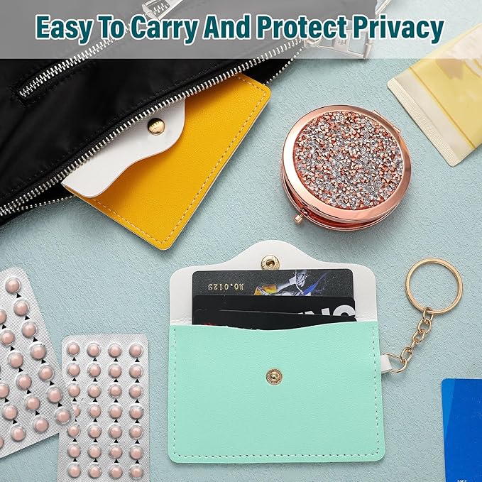 Tondiamo 2 Pack Birth Control Pill Case Holder PU Leather Pill Sleeve Packet 4.33 x 3 Inch Discreet Birth Control Pouch with Snap Closure Key Ring for Pills Card Organizer(Yellow, Green)