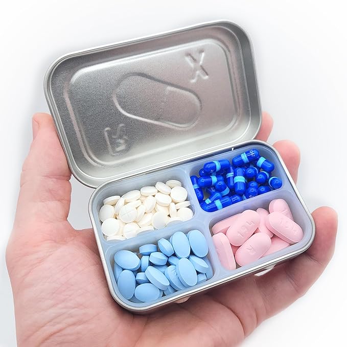 Generic Travel Pill Tin - Quality Portable Medication Storage Solution Embossed Tin Design with Silicone Divider Insert (4 Compartments)