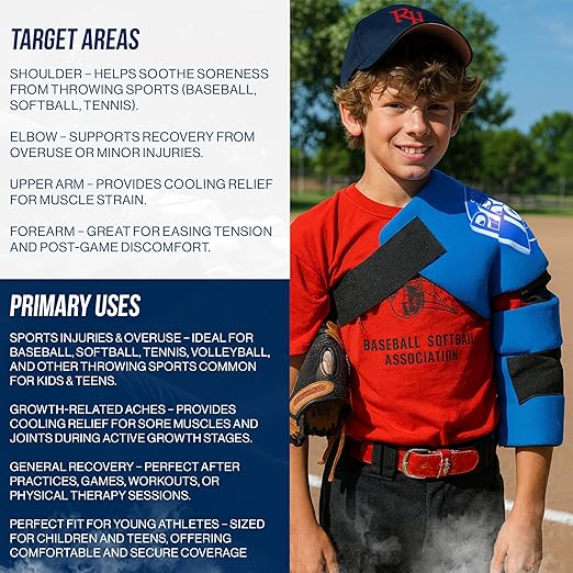 PRO ICE Shoulder Elbow Ice Therapy Wrap for Youth - Excellent for Treating Rotator Cuff injuries, Elbow Joint and Muscle Inflammation - Reusable Ice Packs Included - Arm Ice Pack Wrap for Pitchers