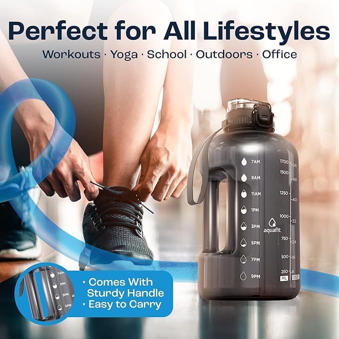 AQUAFIT Half Gallon Water Bottle with Time Marker - Straw & Chug Lid - BPA Free Gym Water Bottle with Straw - Big Gallon Jug (Midnight Gray, 64 oz - 2in1 Lid)