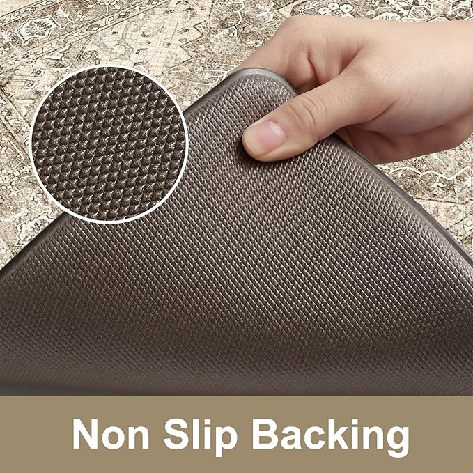KIMODE Anti Fatigue Kitchen Mats 17"x59"+17"x29", Boho Kitchen Rugs Set of 2, Non-Slip Cushioned Kitchen Mats for Floor, Waterproof Kitchen Floor Mats for Sink, Laundry, Office, Desk Khaki