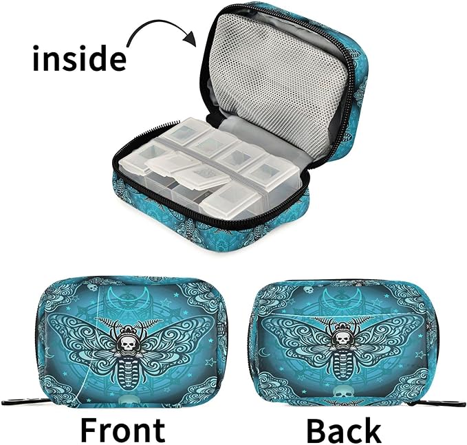 Travel Pill Organizer Bag Weekly Pill Organizer Case Goth Butterfly Skull Teal Portable Small Daily Pill Boxes for Vitamin Fish Oils Supplement Holder with Zipper Compact Size