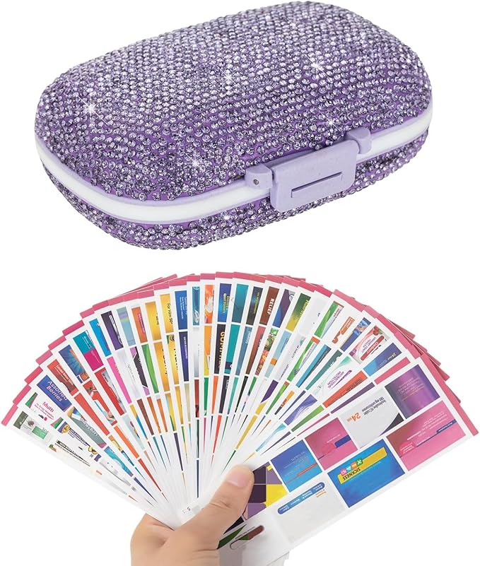 Pill Organizer with Labels Bling Pocket Pill Case with Stickers Travel Medicine Kit Holder Small Purse Pill Box Container Portable Mini Medication Storage (Purple & 300 Labels)