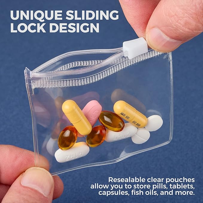 Zippered Pill Pouch Bags - 120 Pcs, Slide Lock Clear Plastic Mini Bags, BPA-Free for Pills Vitamins, Supplements, Medications, Jewelry, Crafts, Small Objects - Self-Sealing, Reusable, Travel-Friendly