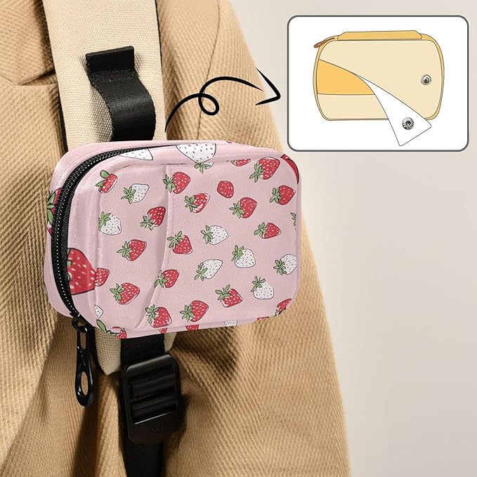 Pink White Strawberries Travel Pill Organizer Case Box Container Weekly Portable Vitamin Medicine Holder Storage Bag with Zipper Removable