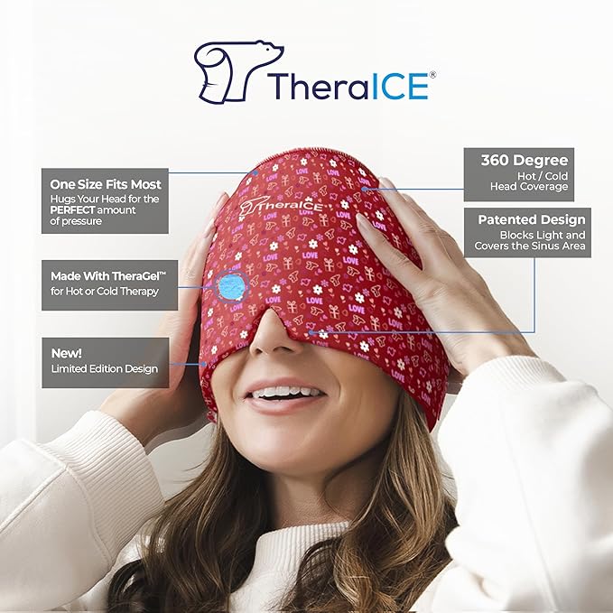 TheraICE Migraine Relief Cap, Migraine Ice Pack Mask, Women Cooling Gel Hat, Face Cold Compress Head Wrap for Her Stress. Great Gift for Mom, Sister, Girlfriend, Grandma & Teacher