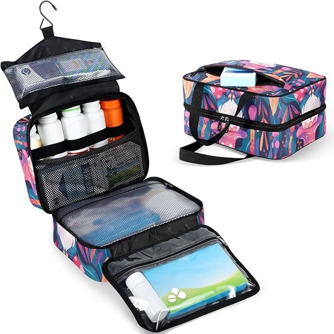 Fustylead Vibrant Magical Gnome and Pink Mushroom Travel Pill Bottle Organizer Large Home Storage Medication Bag with Zipper for Vitamins, First Aid, Fish Oil, Medical Supplies