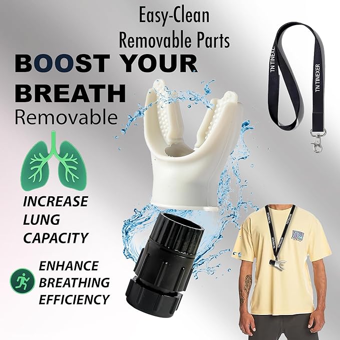 Portable Compact Lung Trainer Exercise Device with High Grade Silicone, Breathing Exercise Device for Lungs, Portable Muscle Trainer, Easy to Clean, Neck Strap Included, (Gray-1)
