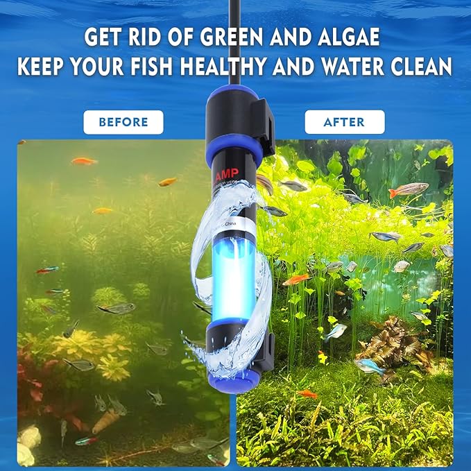 UV-C Aquarium Clean Light with Timer, Mini 3W 5W 7W 9W 11W Submersible Algae Clean Light Water Green Clean Fish Tank Water Clean Lamp for Sump Pond Filter Tank (7W Timer)
