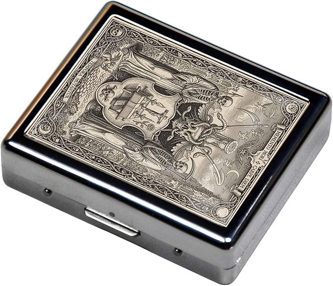 Pill Organizer Box with Mirror,8 Compartment Chrome Pill Case, Pocket-Size Travel Pill Container for Vitamins, Seniors, Daily Use,Rectangle 7 Days Pill Box Pill Case (The Two Guarding Skeletons)