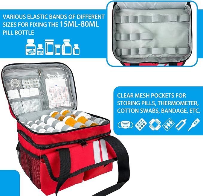 Double Layers Medicine Organizer Storage Bag with Dividers, First Aid Bag with Medic First Aid Badge, Medical Bag for Medical Supplies & Equipment