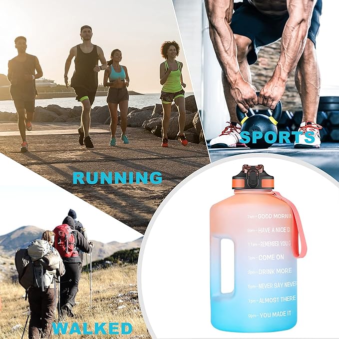 1 Gallon Motivational Sports Water Bottle with Time Marker, BPA Free 128oz Leak Proof Jug, Black, Plastic, 128 ounces, Fitness, Sports, Outdoor Activities