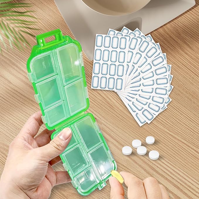 INVODA 12PCS 10-Compartment Pill Organizer BPA-Free Travel Pill Case with Daily Labels Portable Medicine Box for Vitamins, Supplements & Jewelry