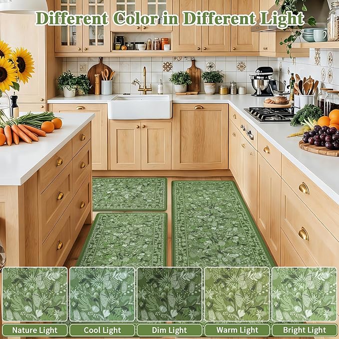 Kitchen Rugs Sets of 3 Green Botanical Floral Anti-Fatigue Kitchen Mat, Waterproof Non Slip Comfort Standing Mat Rug for Home, Sink, Laundry 17.3"x29.5"+17.3"x47.2"+17.3"x59"