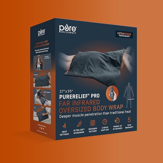 Pure Enrichment PureRelief Pro Far Infrared Oversized Body Wrap - 35” x 27” Full-Body Infrared Heating Pad for Back Pain, Shoulder Aches, Neck Strains, & Soreness in Knees, Abdomen, Chest, & Legs