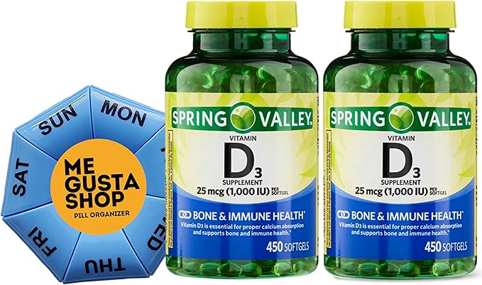 Vitamin D3 25mcg, 1,000 IU, 450 Count Softgels Spring Valley Bundle with Pill Organizer and Me Gustas Sticker Pack of 02