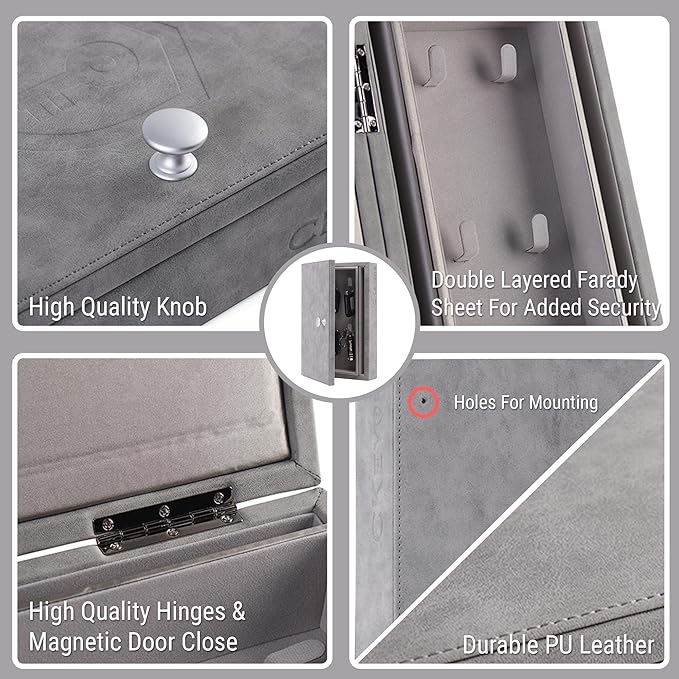 CKEYURE Premium XL PU Leather Faraday Box for Car Keys Wall Mount | Anti Theft Faraday Key Fob Protector | Faraday Cage | Car Key Holder | RFID Key Box | Key fob Signal Blocker (Grey)