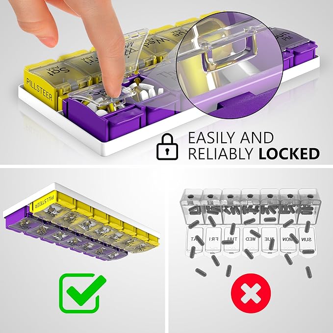 Pill Organizer 2 Times a Day - Weekly Medicine Organizer - Vitamin Holder - Big Pill Container Box - Easy Open Large Medication Dispenser Case - Detachable 7 Day AM PM - 14 Compartments